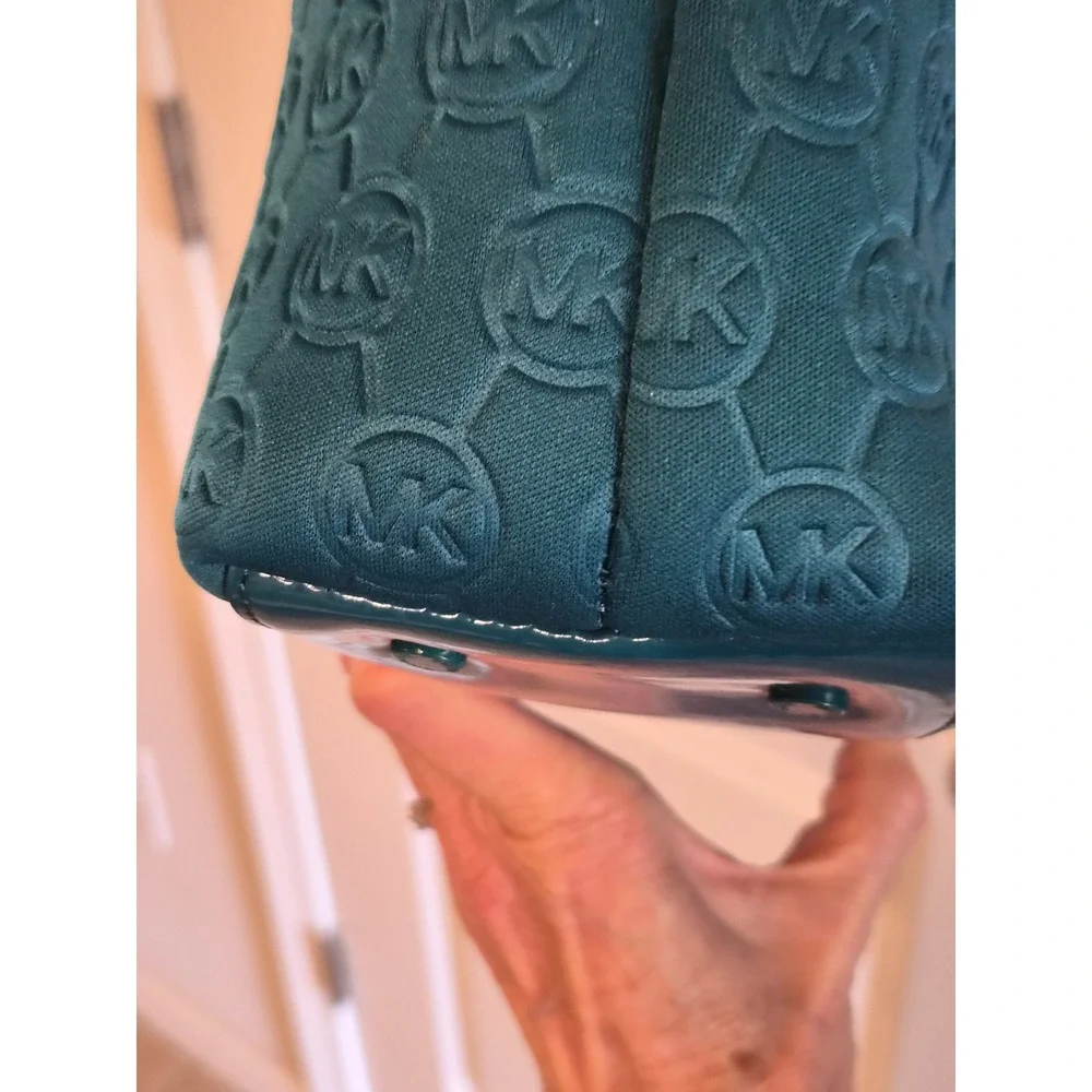 Michael Kors Teal Embossed MK Logo Canvas Tote Bag Patent Leather‎ Trim Est 1981